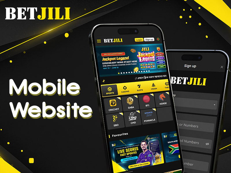 Betjili mobile website running on smartphone browser showing main screen and registration window.