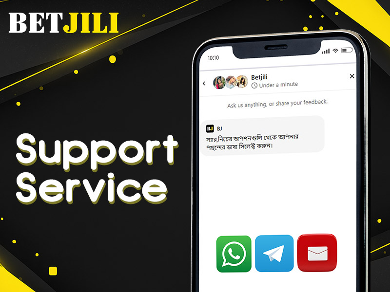 Betjili support service contact options on smartphone screen.
